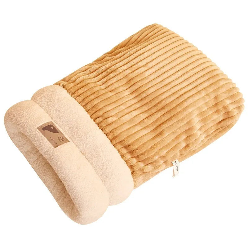 Brown semi-enclosed plush pet sleeping bag for cats on a wooden floor