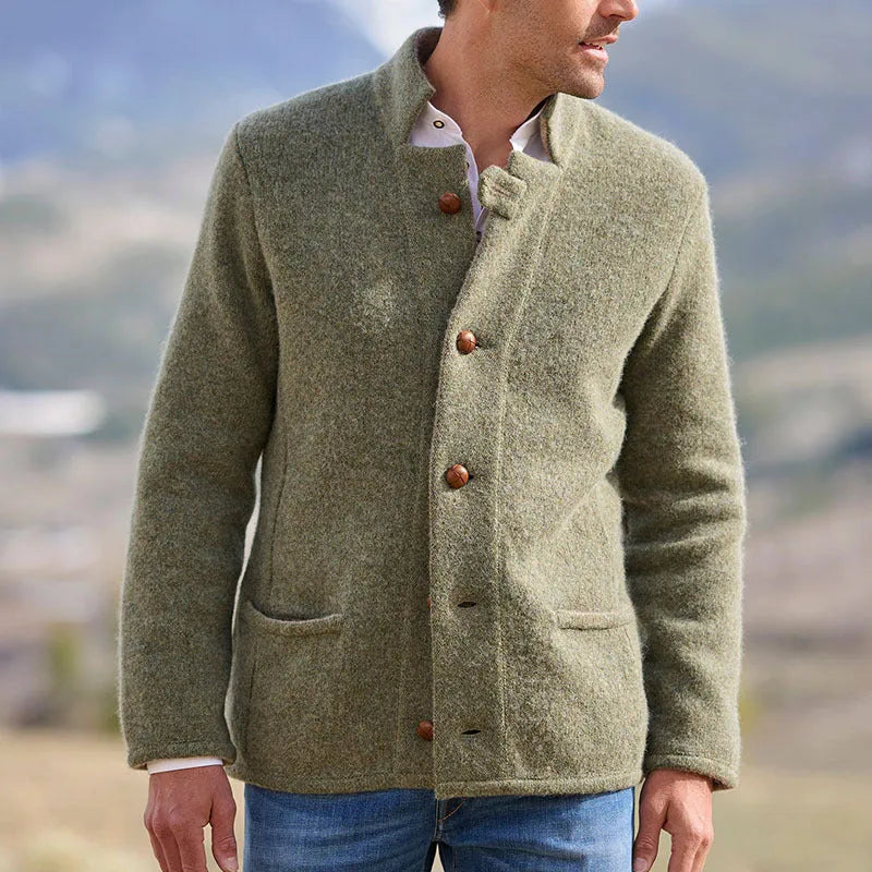 Men's casual mid-length coat in solid colour with patch pockets, polyester fibre fabric