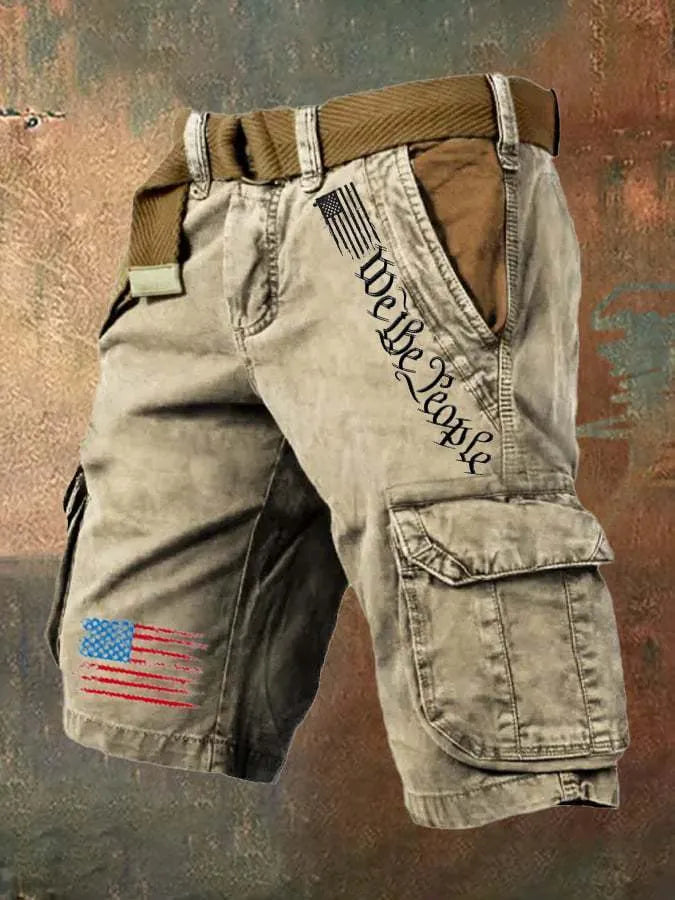 Men's khaki and blue thin denim fifth pants with multiple pockets showing loose-fitting workwear design