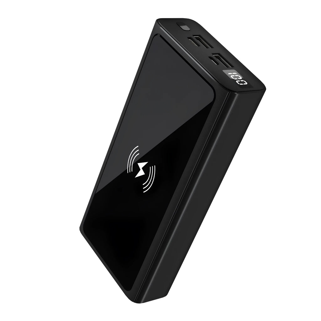 Black and blue square aluminum wireless charging power bank with integrated plug.