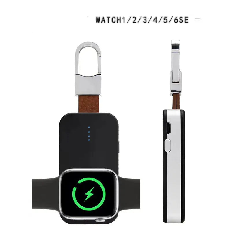 Black Apple Watch keychain power bank showing compact size and key ring attachment.