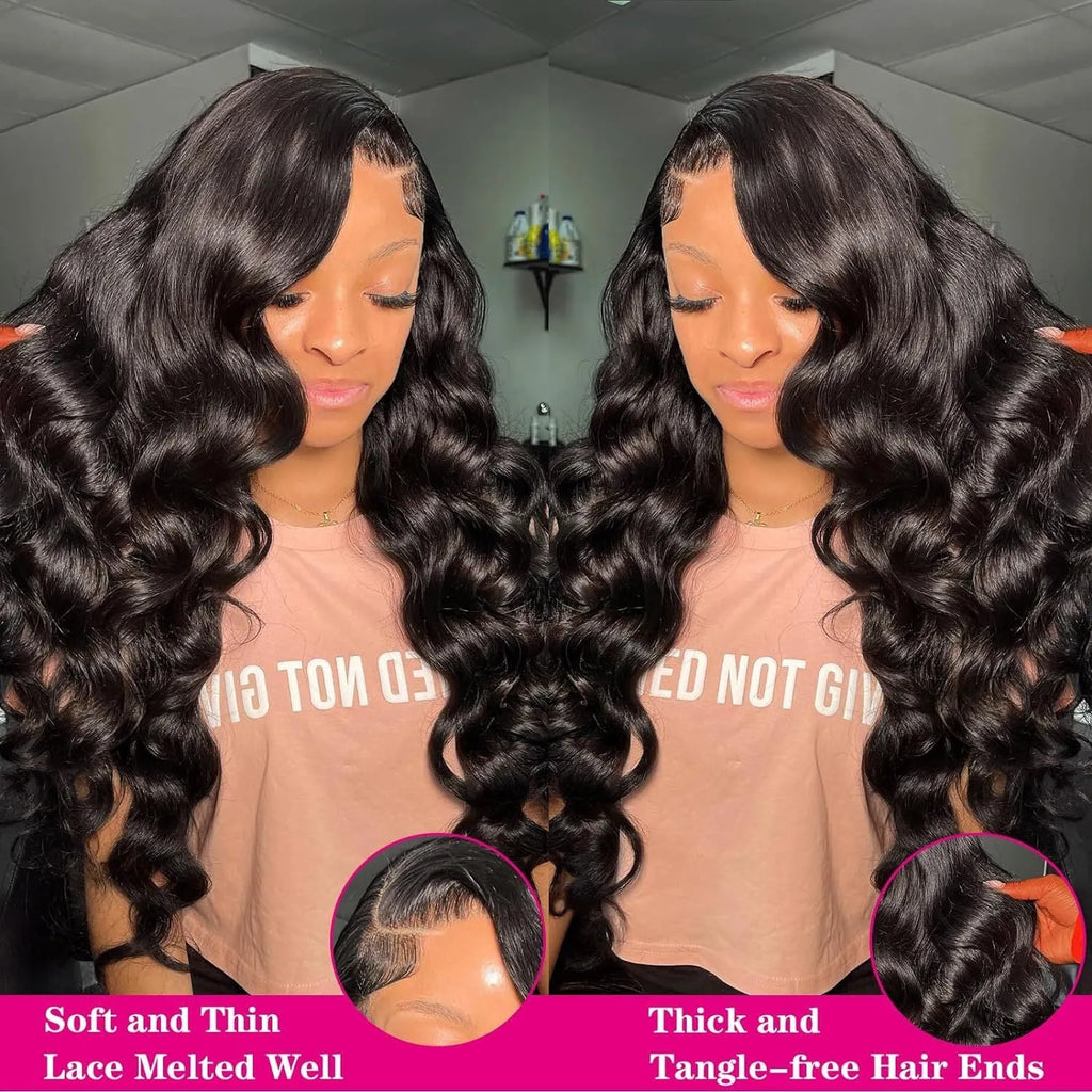 A woman wearing a black medium-length curly synthetic wig with full head coverage.