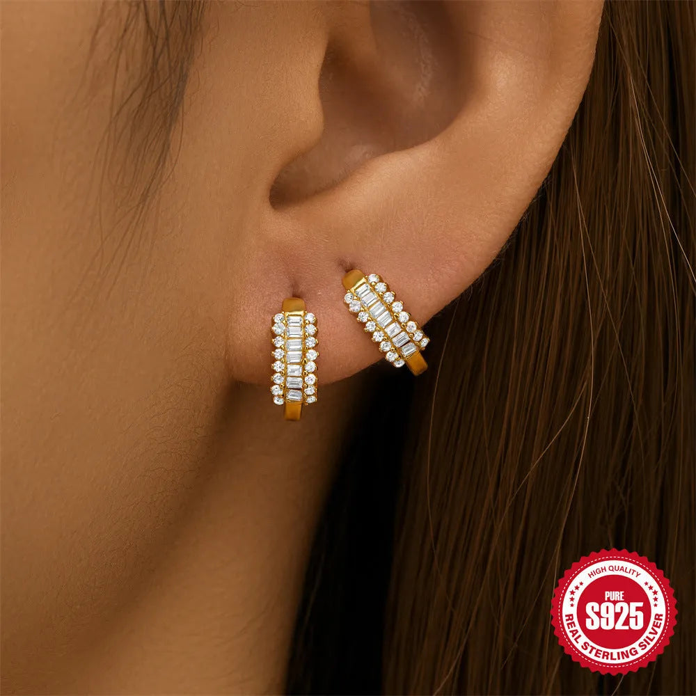 Small round geometric sterling silver stud earrings with a diamond pattern, available in gold or silver colour.