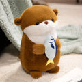 Small otter plush doll holding a fish in short plush fabric, available in brown and gray, 30cm or 40cm height
