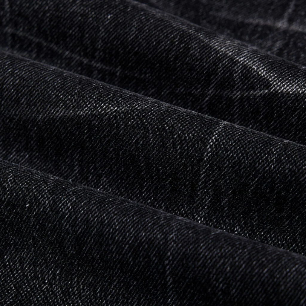 Black straight-leg men's jeans with American washed lightning crack texture detail