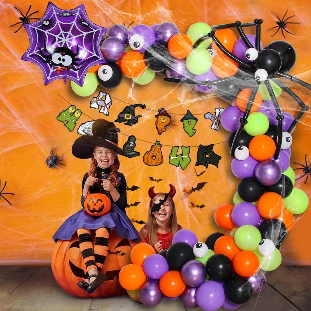 Halloween latex balloon combo with skull, pumpkin and spider web designs in white and black colours