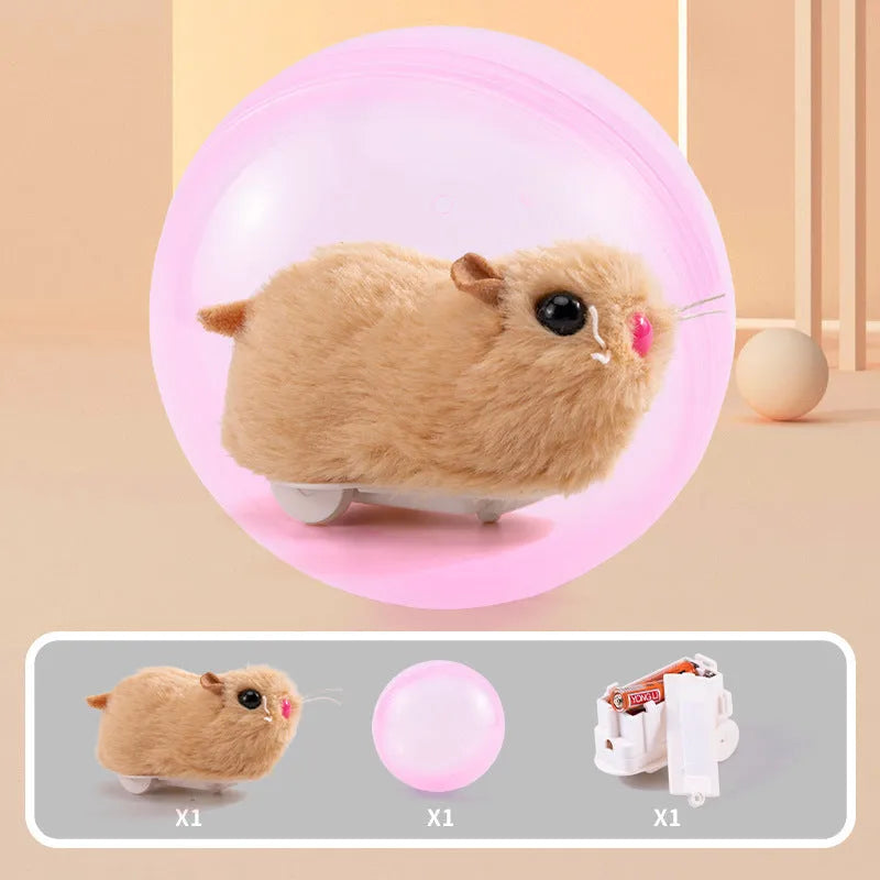 Hamster rolling ball exercise toy with transparent sphere on battery base and plush shell covers