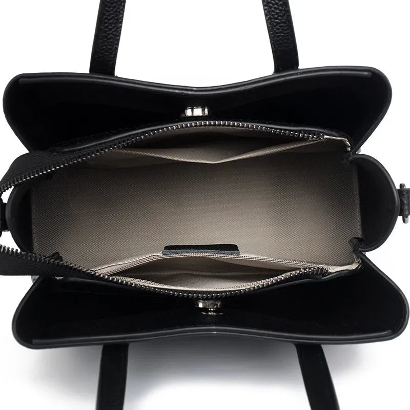 Women's cowhide leather shoulder handbag in horizontal square shape with contrast stitching