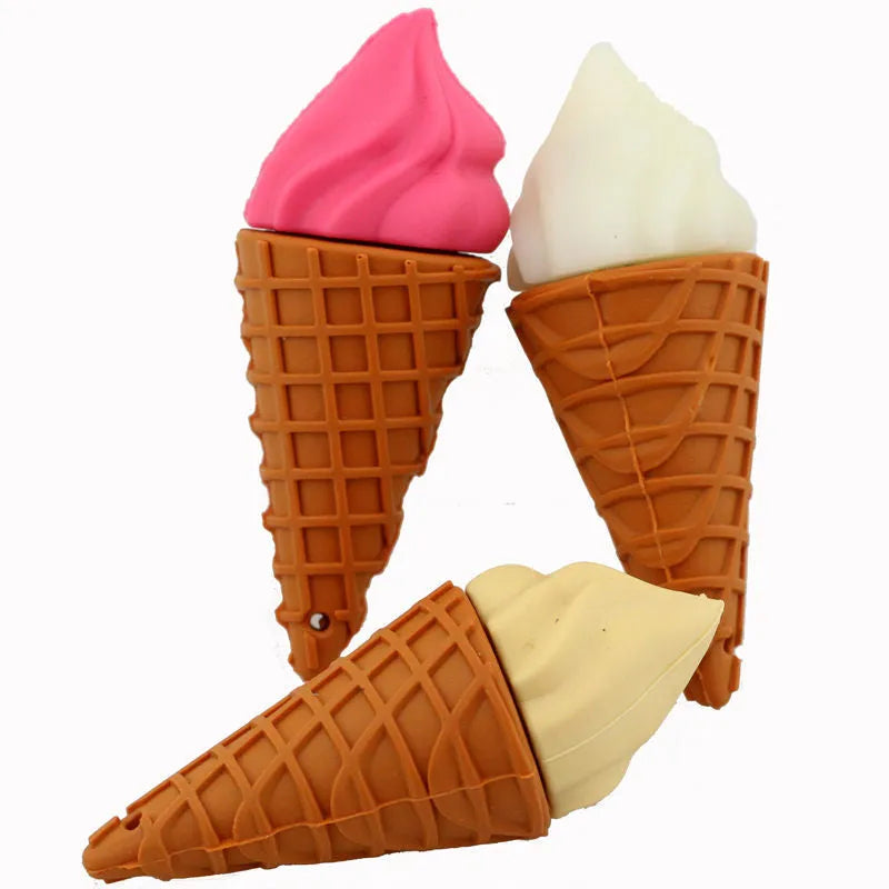 Cute mini ice cream-shaped USB flash drive in pink colours on a white background.
