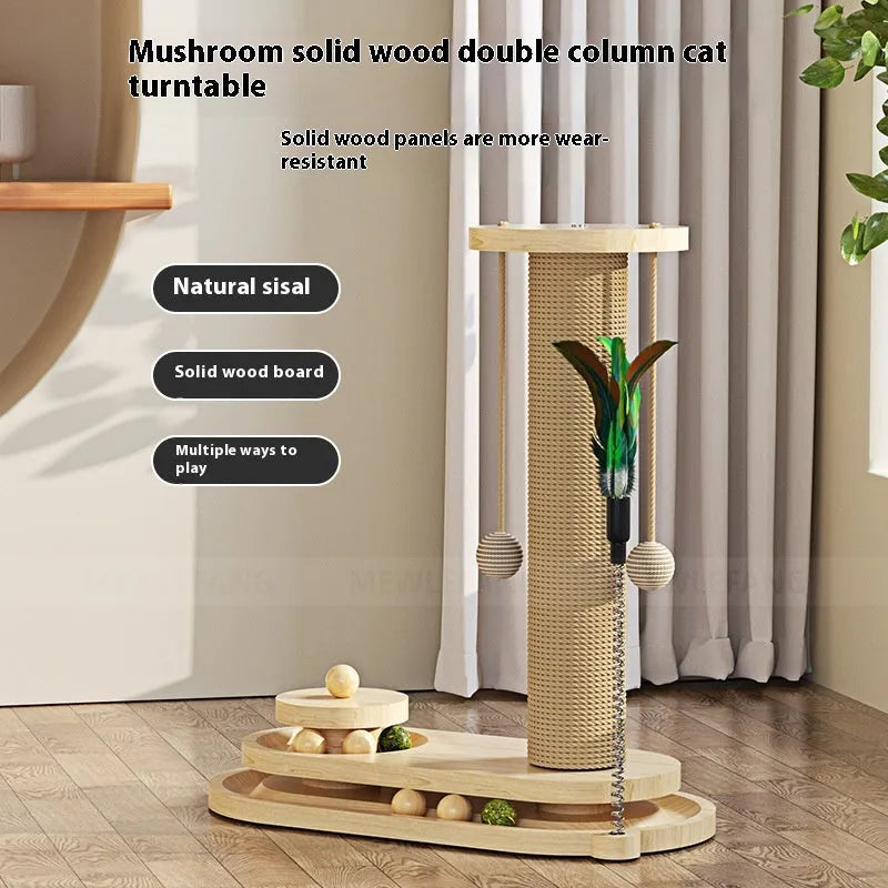 Solid wood cat scratching post with a central rotating turntable in a natural finish.
