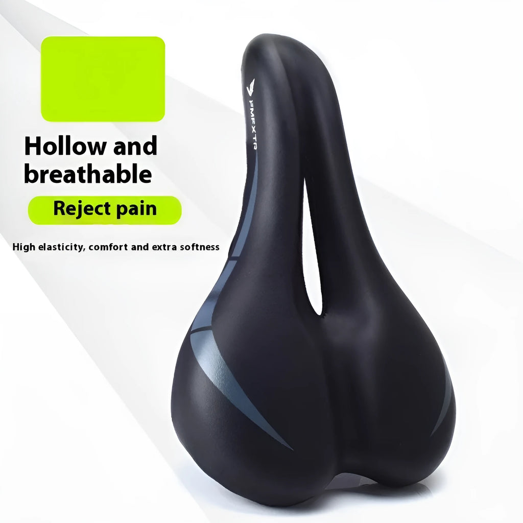Bicycle saddle cushion with hollow pattern, showing PU leather surface and attached L clamp ring.
