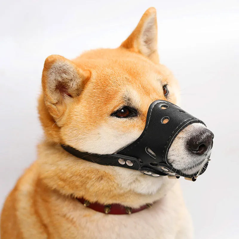 Black or brown dog muzzle silencer for anti-barking and bite prevention with size chart