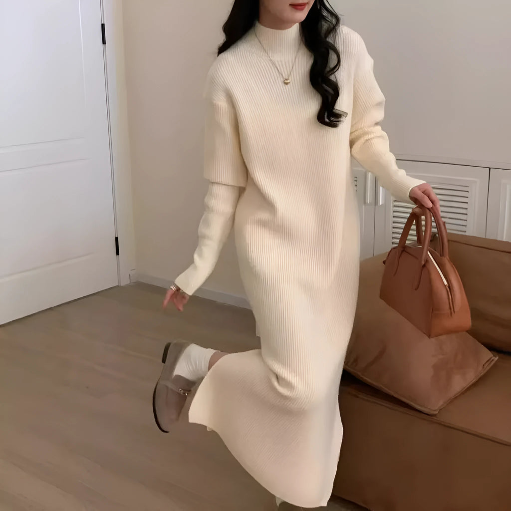 Half turtleneck acrylic knitted dress in khaki colour with high waist and midi length