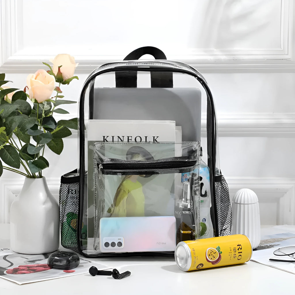 Transparent PVC travel backpack showing visible contents through clear material