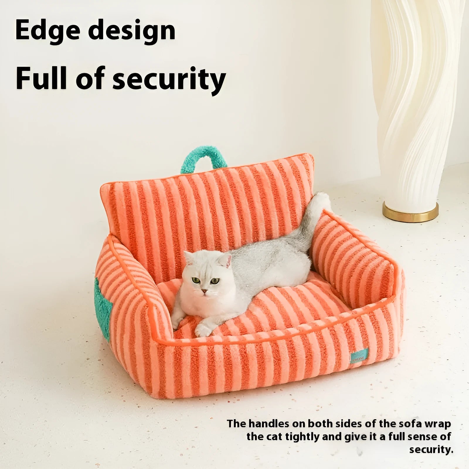 Striped soft velvet dog bed with a removable cover in orange, purple, or yellow.