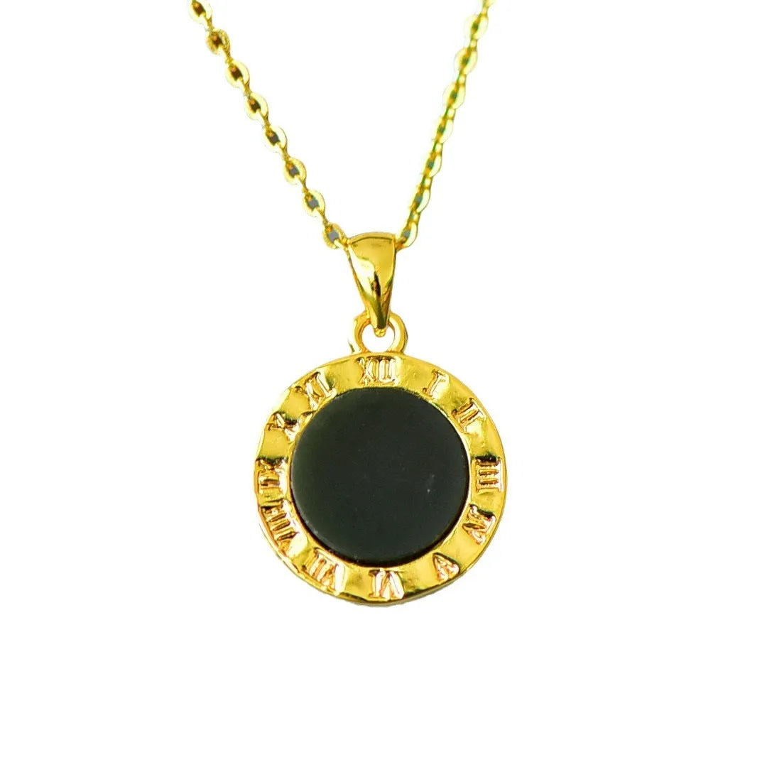 Natural Hetian jade flat pendant with copper inlay showing grey and ink blue stone variations on necklace