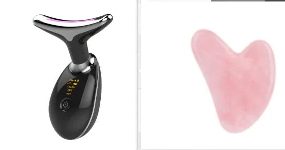Black and silver EMS thermal neck massager with LED lights for wrinkle reduction and skin tightening