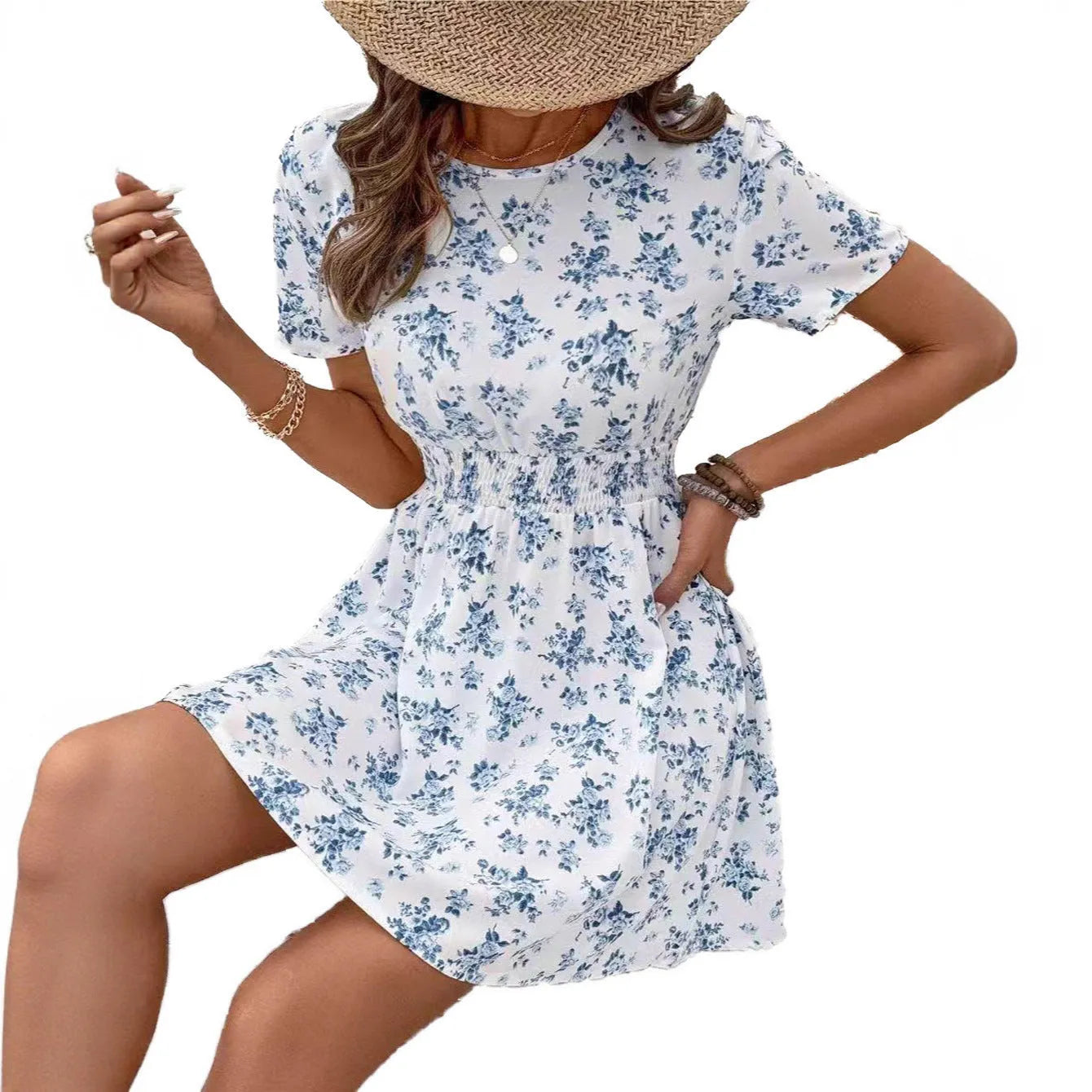 Light blue high waist A-line casual dress on a hanger.