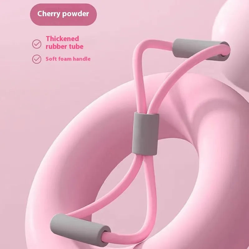 Yoga four-piece fitness set showing leg stretcher, yoga ring, pedal puller, and figure eight tension rope