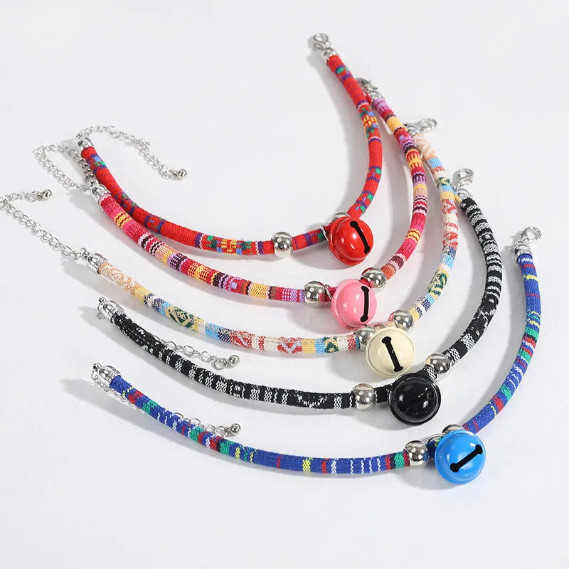 Coloured ethnic style adjustable pet collar with bell for cats and small dogs