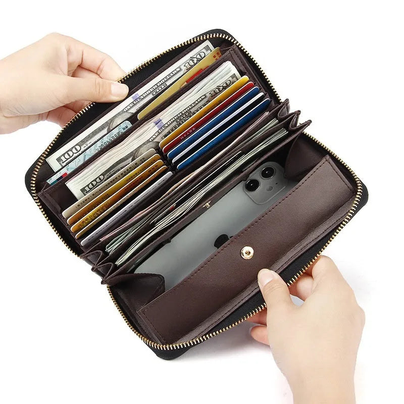 Genuine leather long wallet for women in six colour options showing anti-theft card slot and large capacity interior