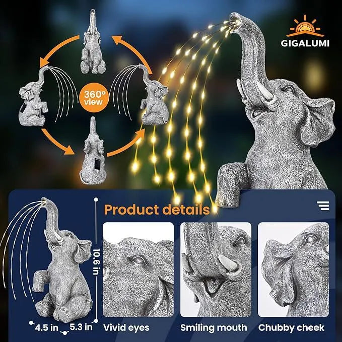 Resin elephant garden statue with a separate LED light strip on a patio.