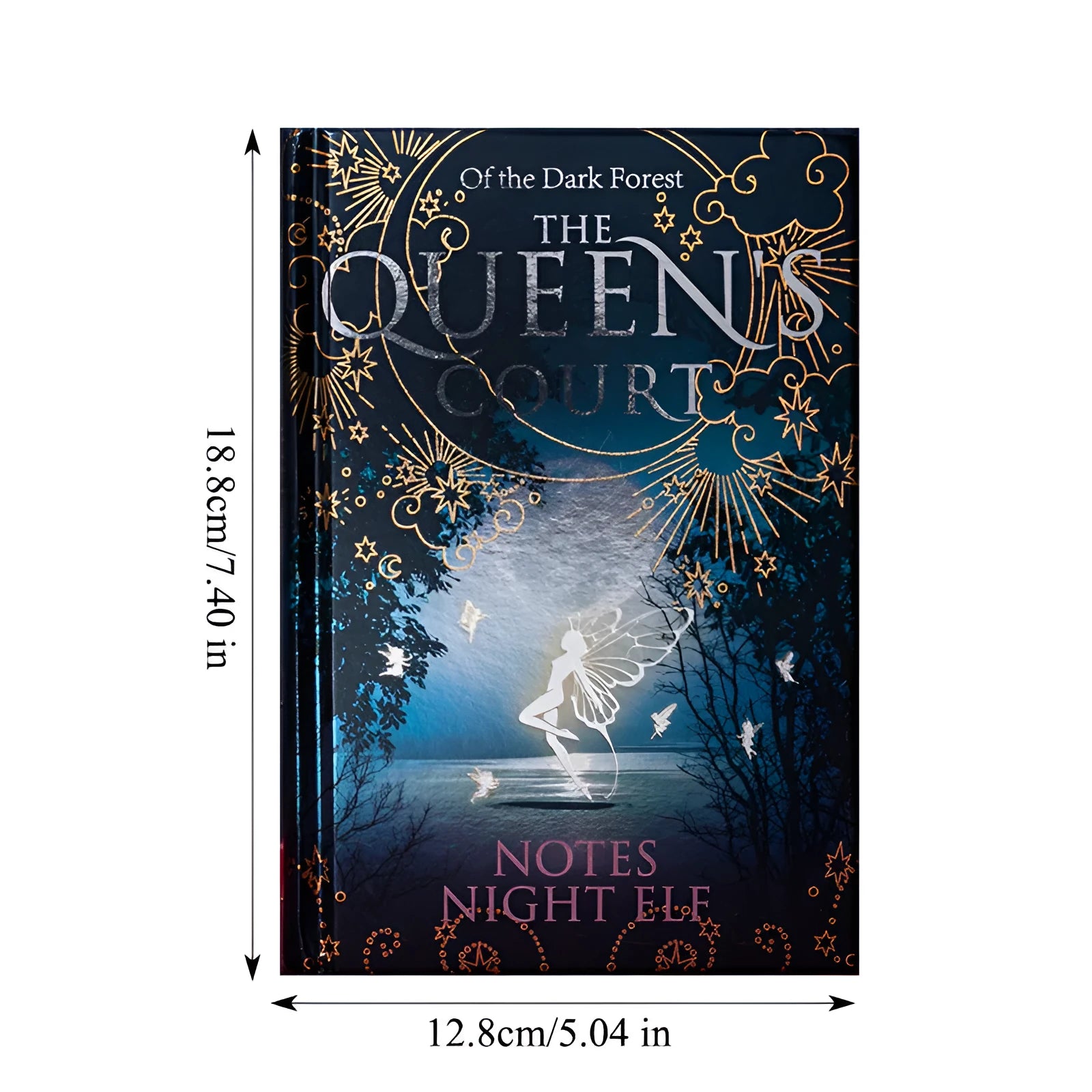 Blue retro luminous hardcover A5 notebook with Night Elves design, open to show full-colour illustrated pages.