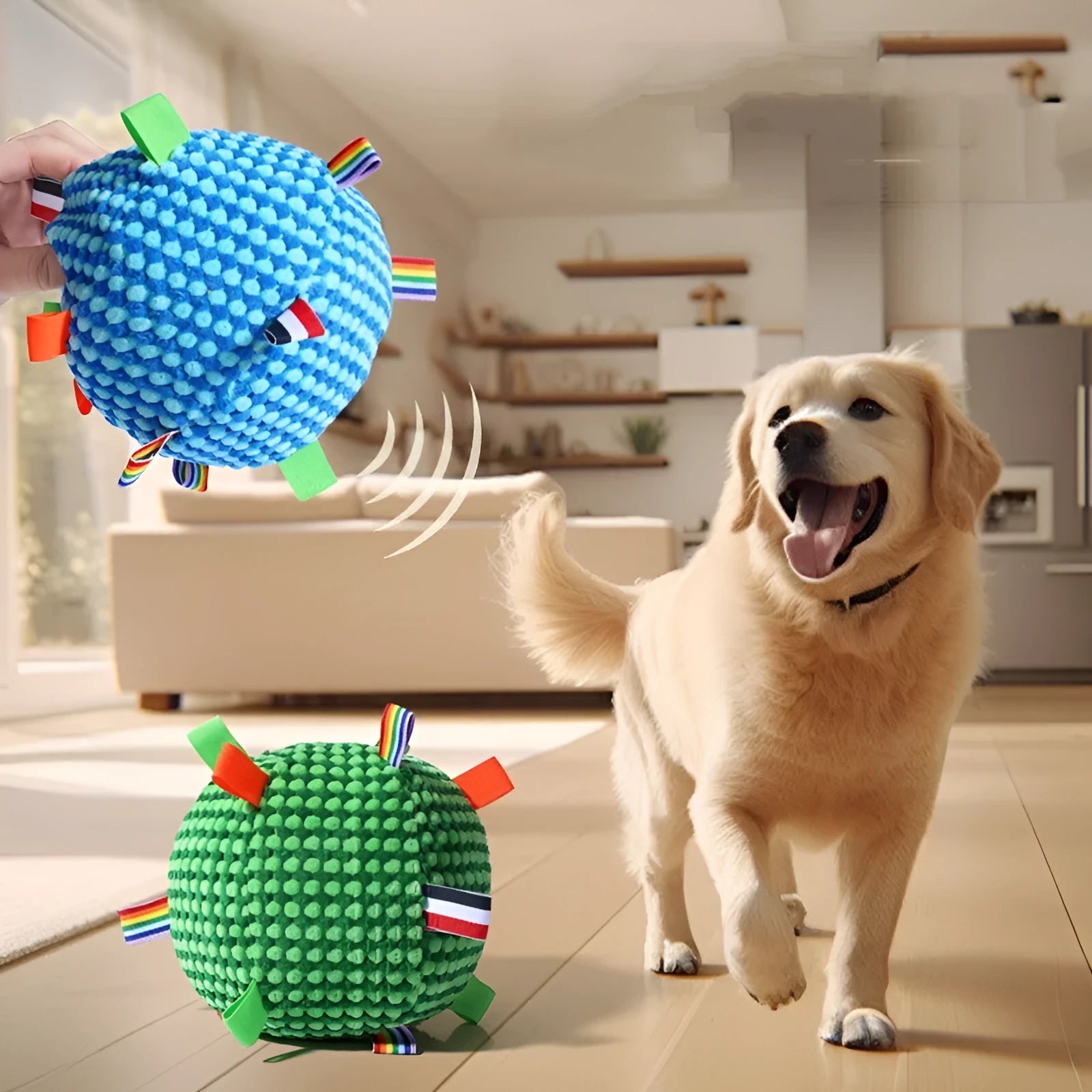 Blue and yellow vocal ball ring dog toy with pineapple lattice texture, 17cm in diameter.