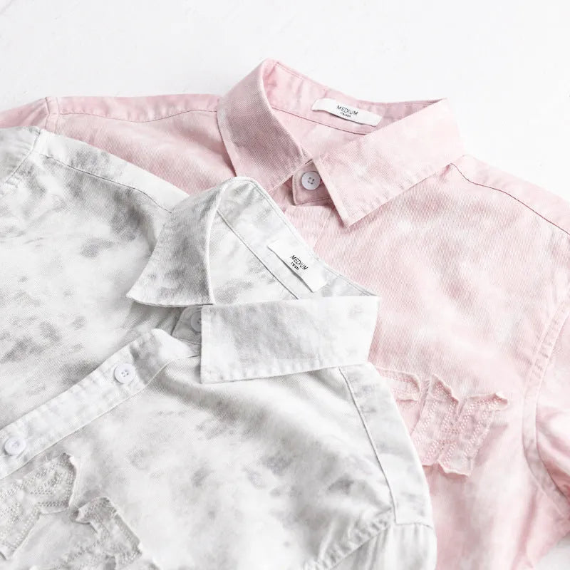 Men's light pink pure cotton short sleeve cardigan with hanging dyed print in loose fit
