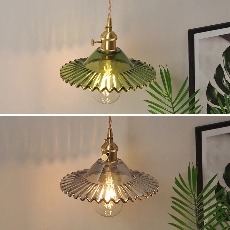 Retro brass copper wall lamp with a transparent glass lotus shade in a choice of six colours.