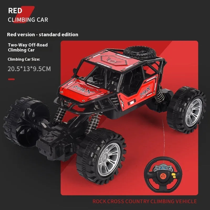 Children's four-way remote control alloy off-road climbing car in camouflage yellow on a grassy outdoor track