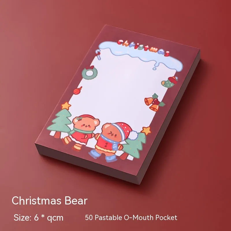 Christmas cartoon sticky notes set showing elf, gift, sled, crystal ball, Santa, house, bear, and snowman designs