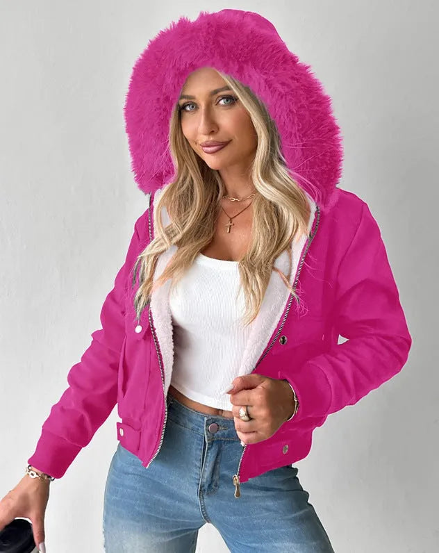 Women's casual hooded jacket with furry lining in Army Green – polyester long sleeve coat front view