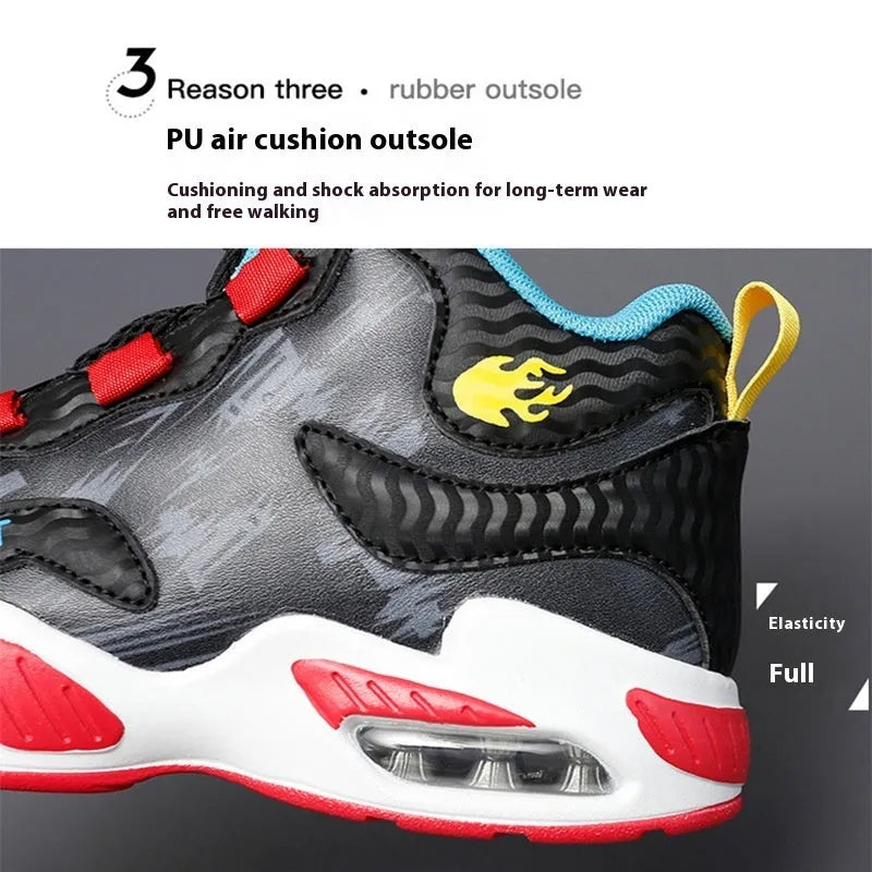 Children's rotating button basketball shoes in multiple colours with synthetic leather upper and PU sole.