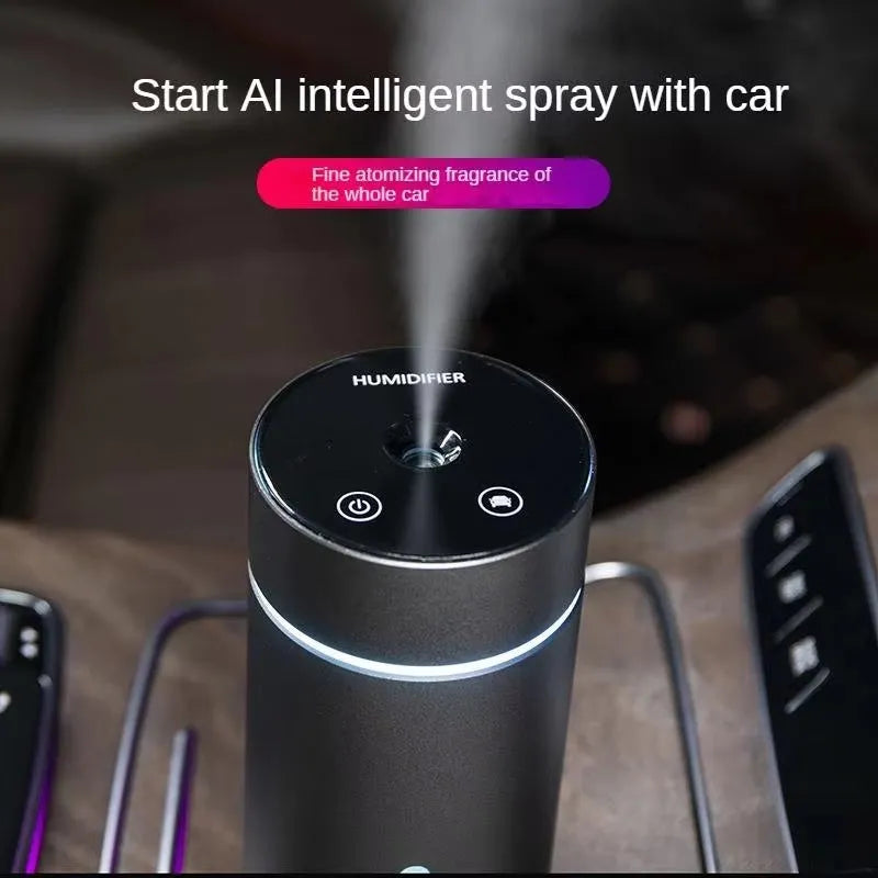 Black aluminium car humidifier and essential oil diffuser with coloured night light and USB cable