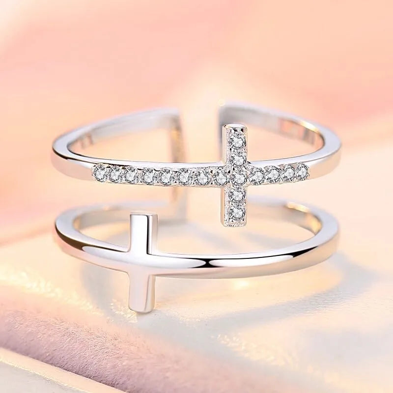 Women's adjustable double cross ring with copper base, sterling silver zircon inlay, and white gold electroplating