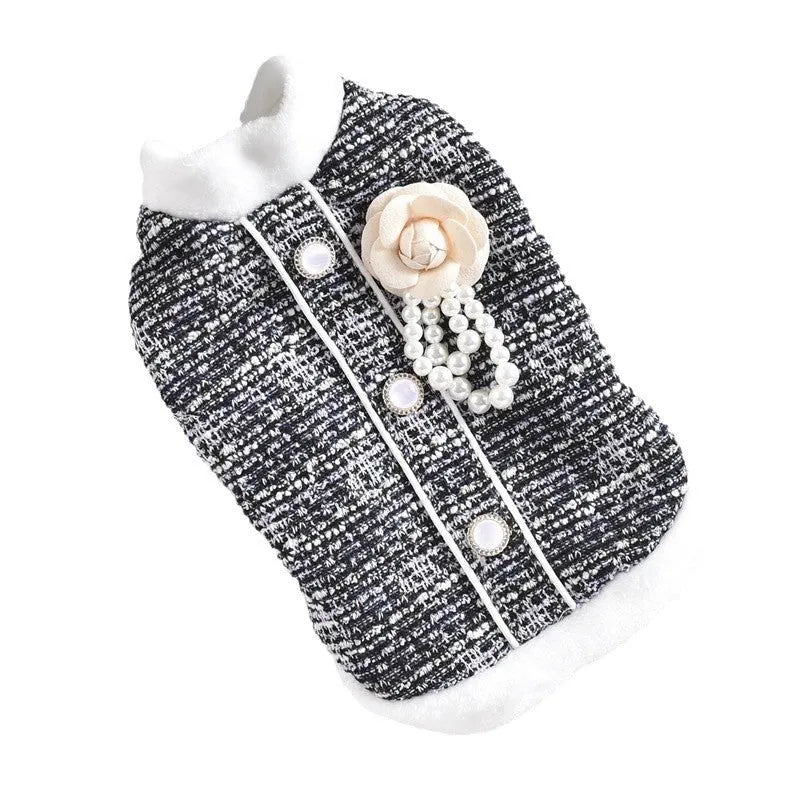 Black sausage jacket costume for cat on mannequin showing PU material and size tag