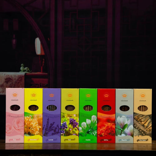 Box of handmade Argentinian stick incense with petal ingredients for indoor aromatherapy.