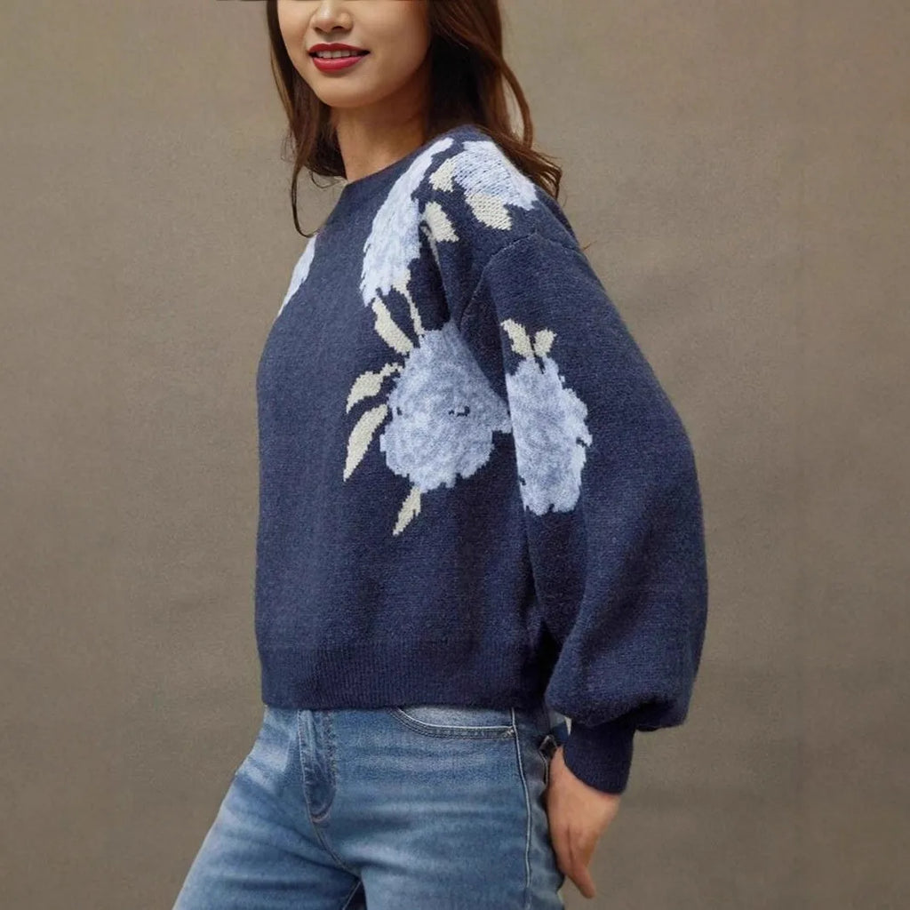 Sapphire blue women's pullover with floral jacquard pattern, off-neck design, and loose casual fit