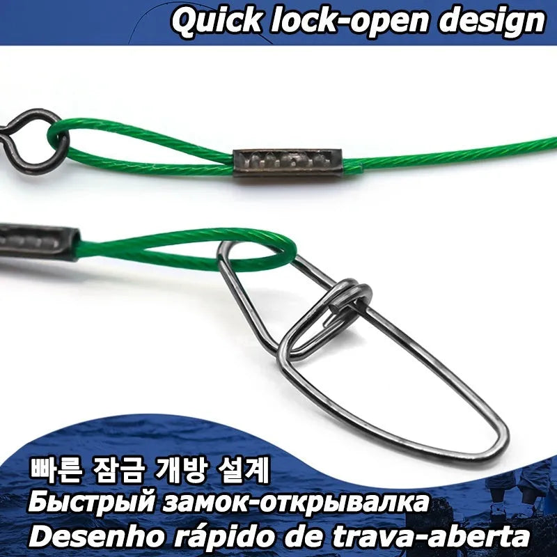 Ten 54cm steel wire fishing accessories with double buckle pins in three colour options