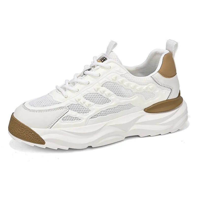 Men's solid colour breathable mesh trainers showing round toe design in white and black options