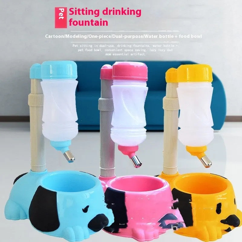 Plastic adjustable rod-lift pet water bowl in pink, blue, and yellow colours.