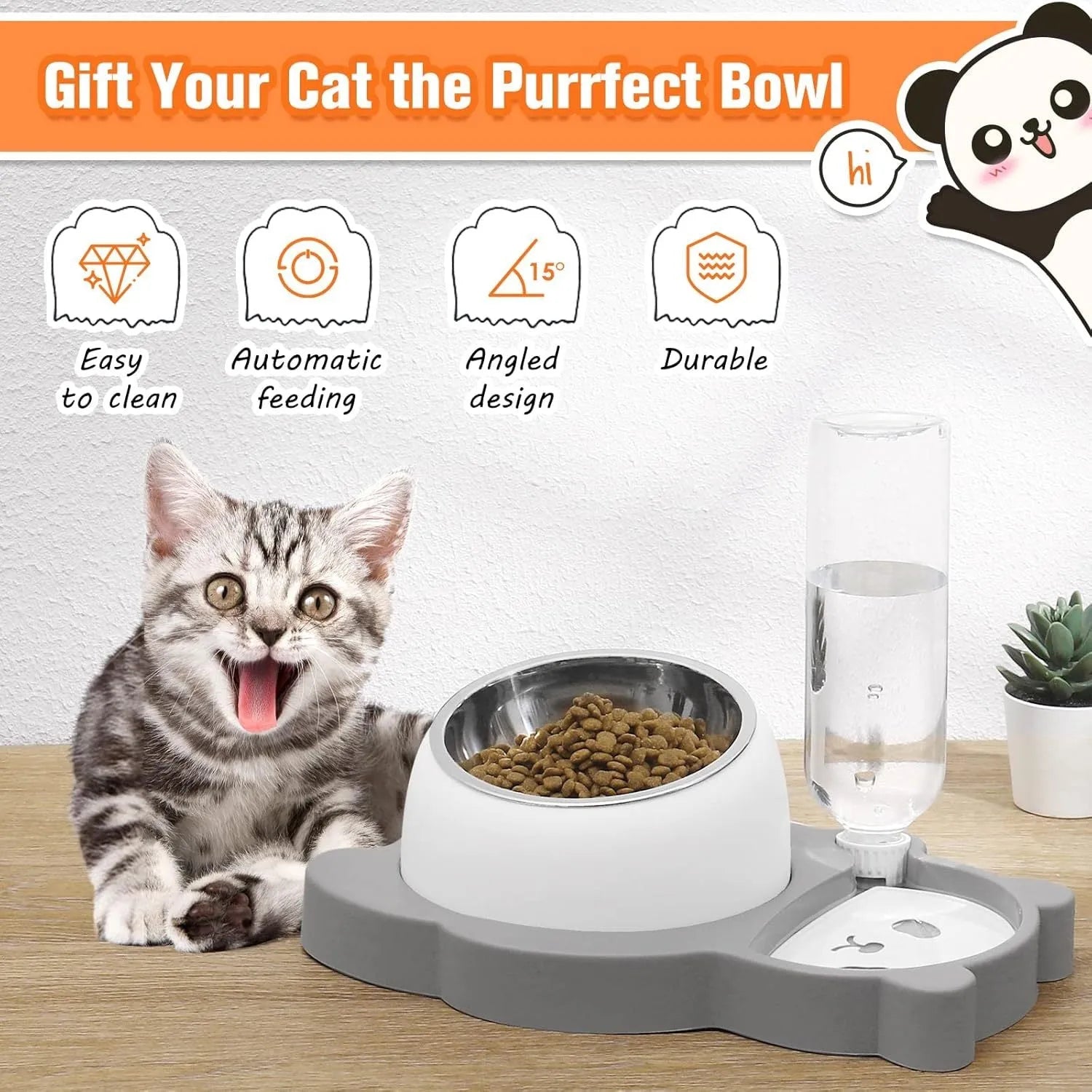 Grey panda-shaped elevated pet feeder with tilted stainless steel bowls and attached water bottle