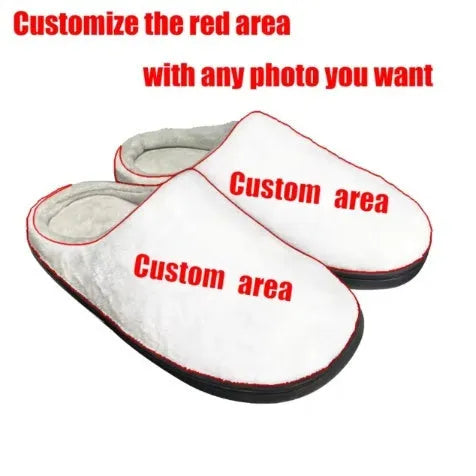 A pair of patterned flannel slippers with a textured TPR rubber sole, shown in a customisable colour.
