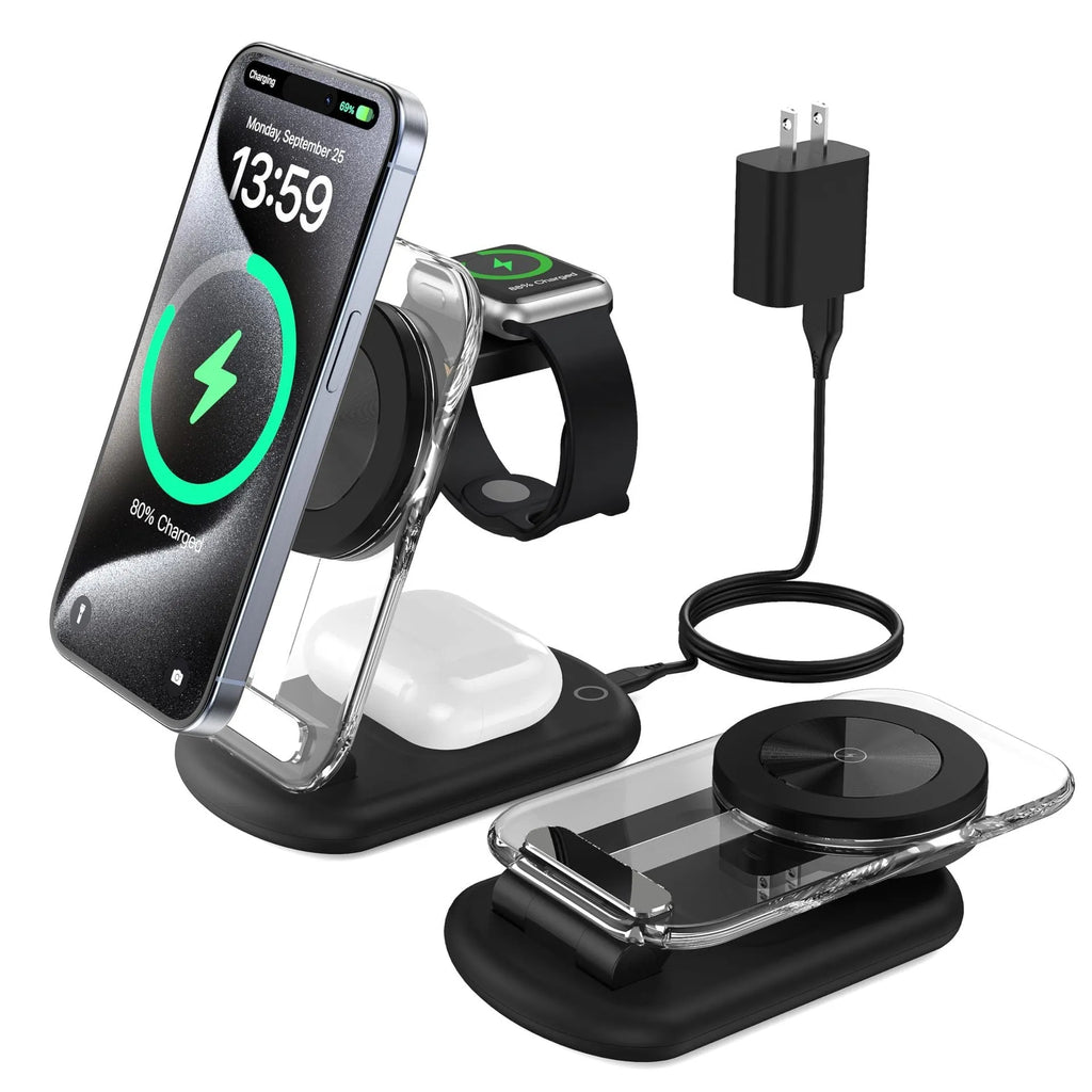 Transparent folding magnetic wireless fast charger in black on a table.