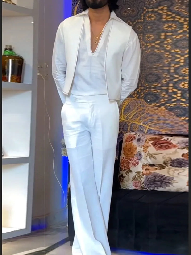 White polyester three-piece outfit set with V-neck shirt, sleeveless vest and trousers