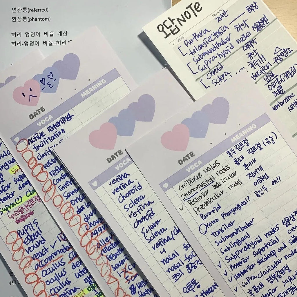 English words notepad with vertical format and blue cover showing B5 half size dimensions
