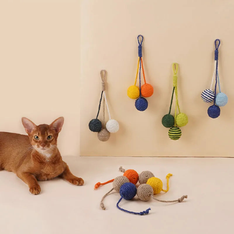 Cat toy set with teaser stick and catnip balls in blue, green, red, or yellow