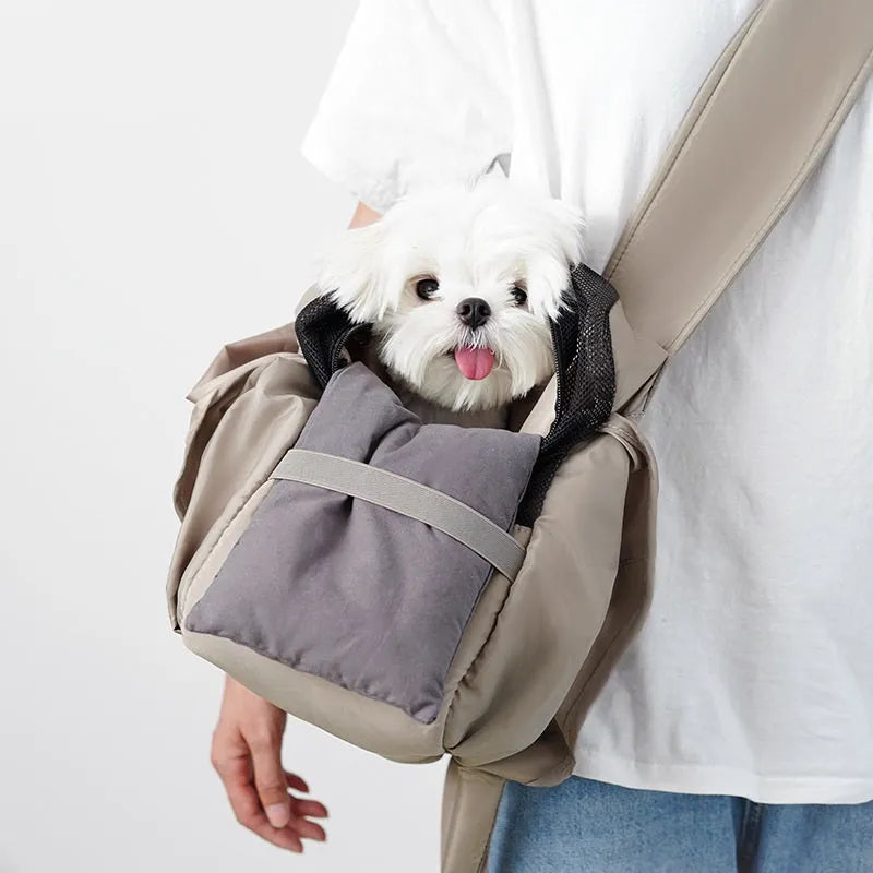 Apricot cloth pet carrier handbag showing dimensions and breathable construction