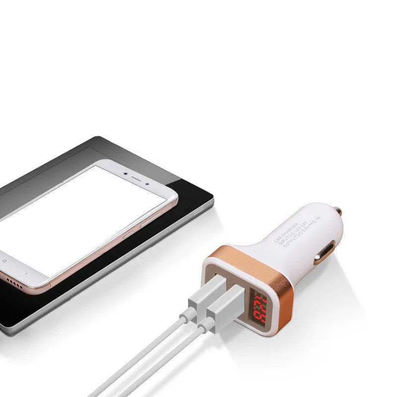 Gold mini digital display car charger with USB port shown next to a mobile phone